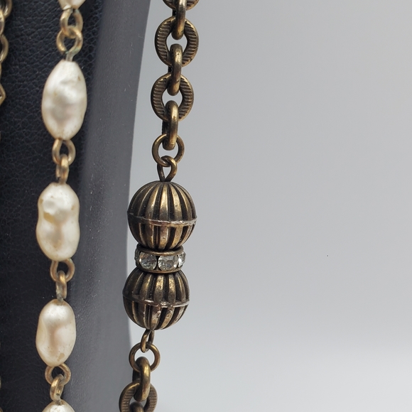 Faux Pearl Rhinestone Necklace Multi Layer Strand Antique Gold Tone Chain 48" L - Picture 6 of 8